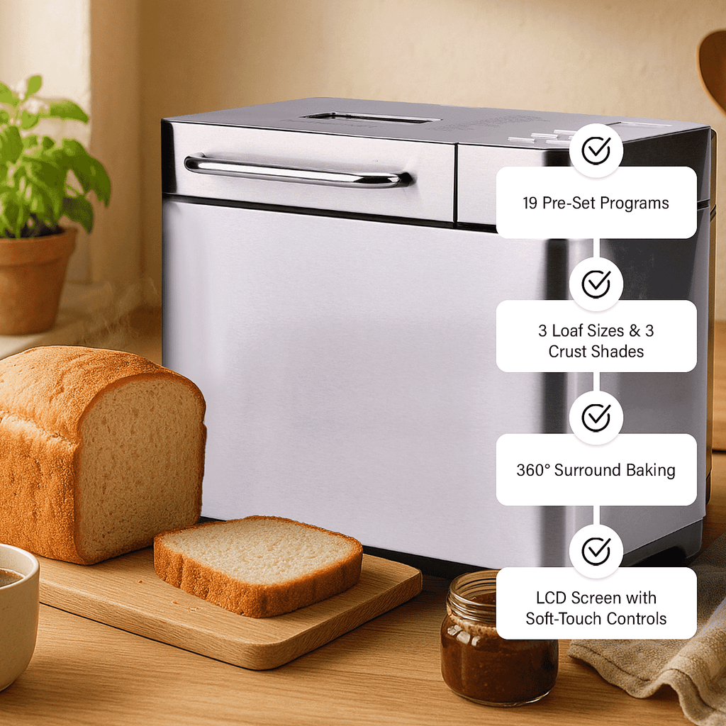 Homesmart 19 in 1 Automatic Bread Maker Machine with LCD - All Breads, Cakes, Jams, Yoghurts, Rice (15 hour Timer) - Non Stick Bowl