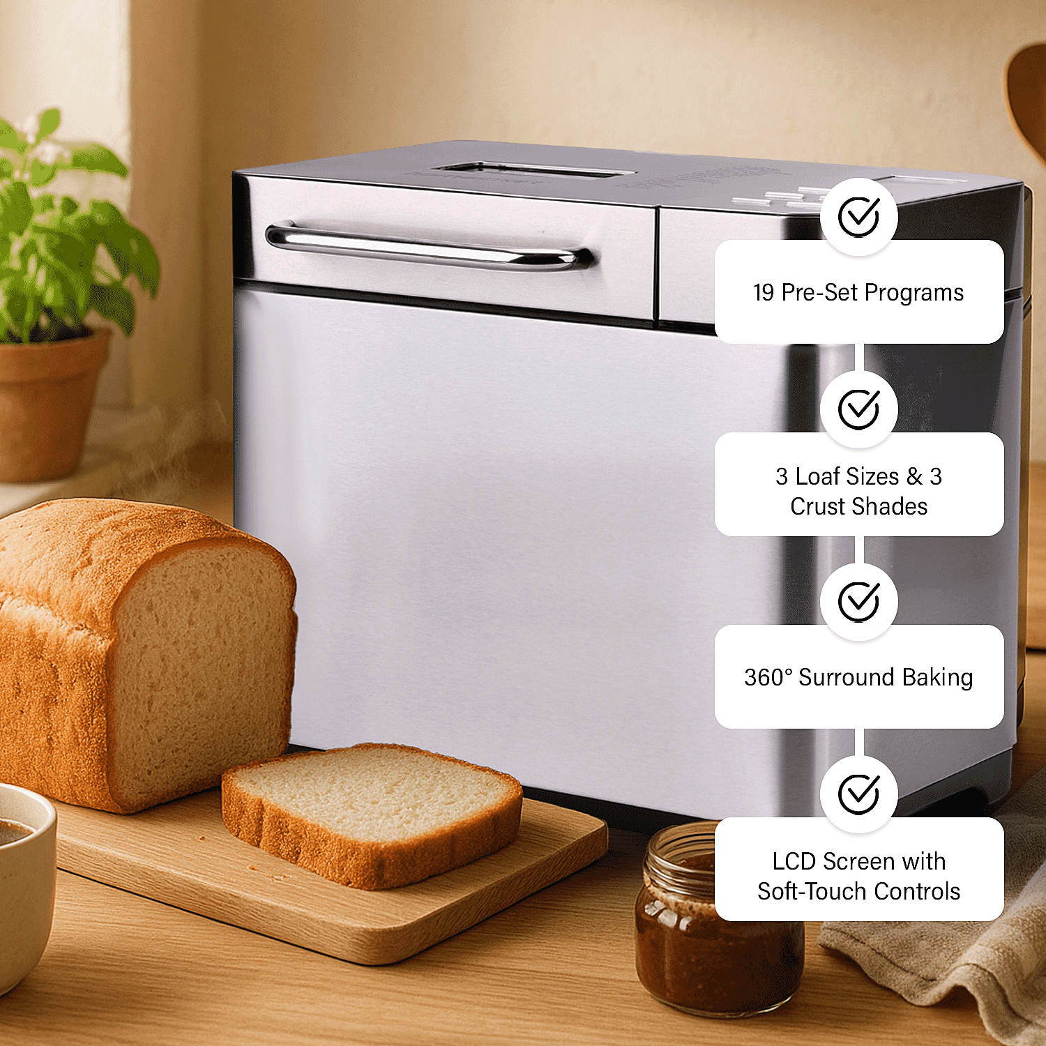 Homesmart 19 in 1 Automatic Bread Maker Machine with LCD - All Breads, Cakes, Jams, Yoghurts, Rice (15 hour Timer) - Non Stick Bowl