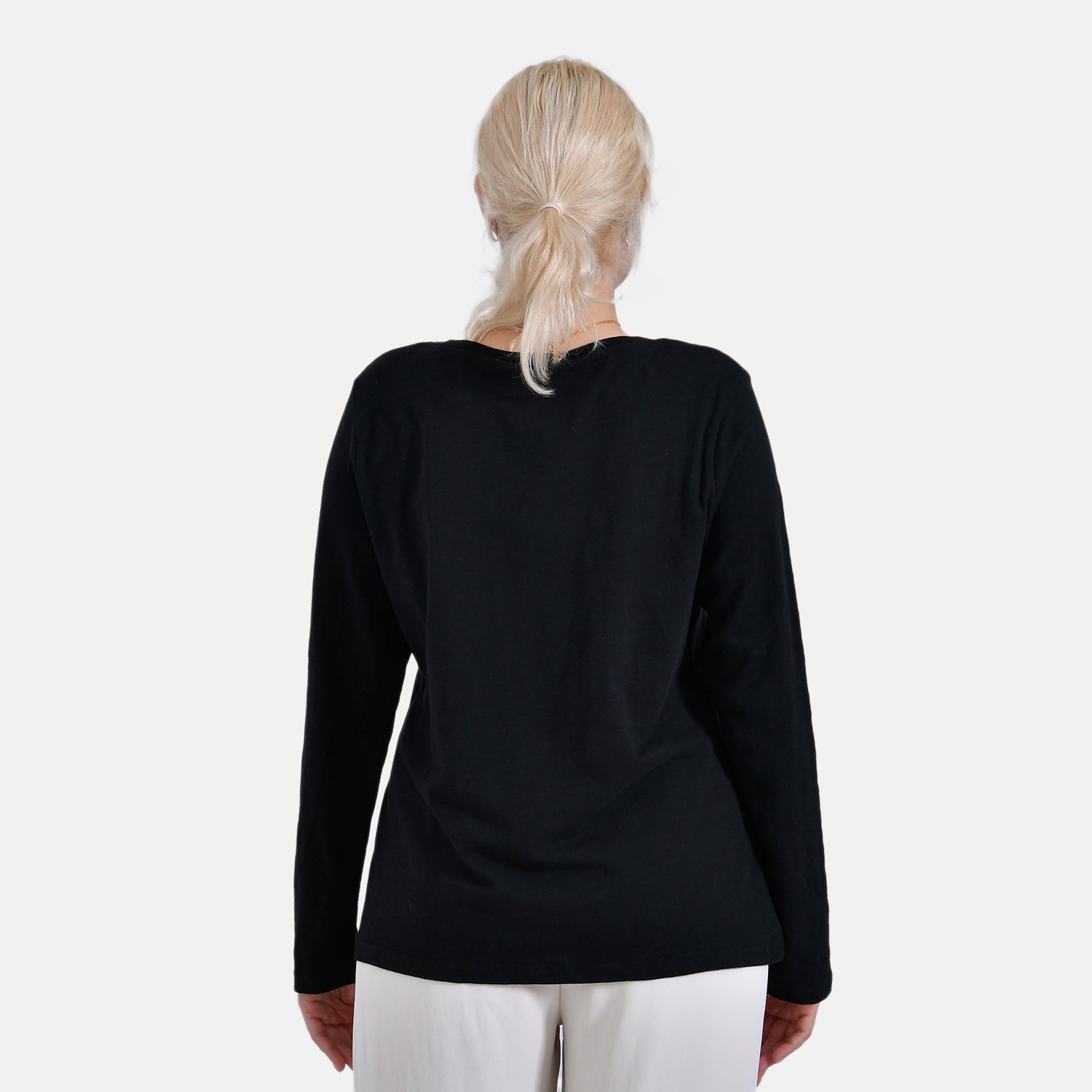 La Marey 100% Cotton V-Neck Long Sleeve Classic Top (Size 24 to 26) - Black_7968721_1
