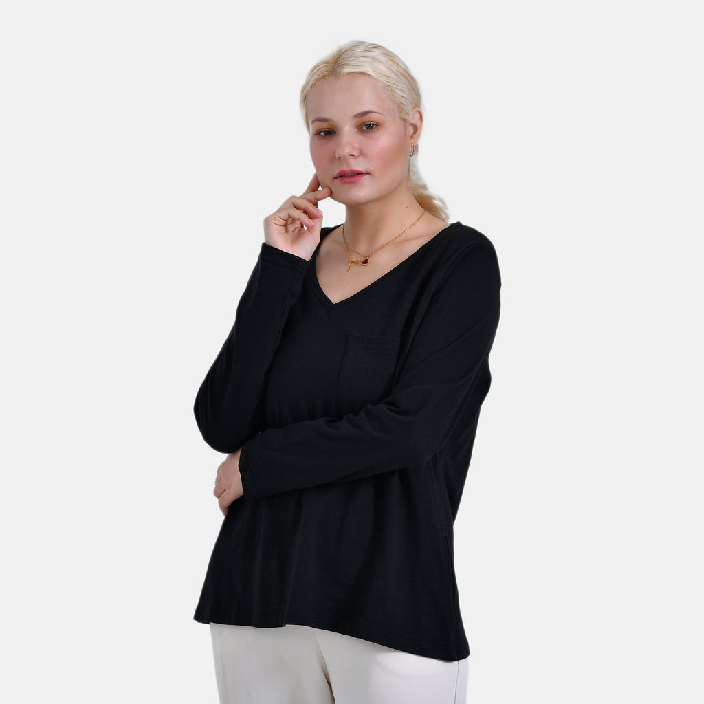 La Marey 100% Cotton V-Neck Long Sleeve Classic Top (Size 24 to 26) - Black_7968721_2