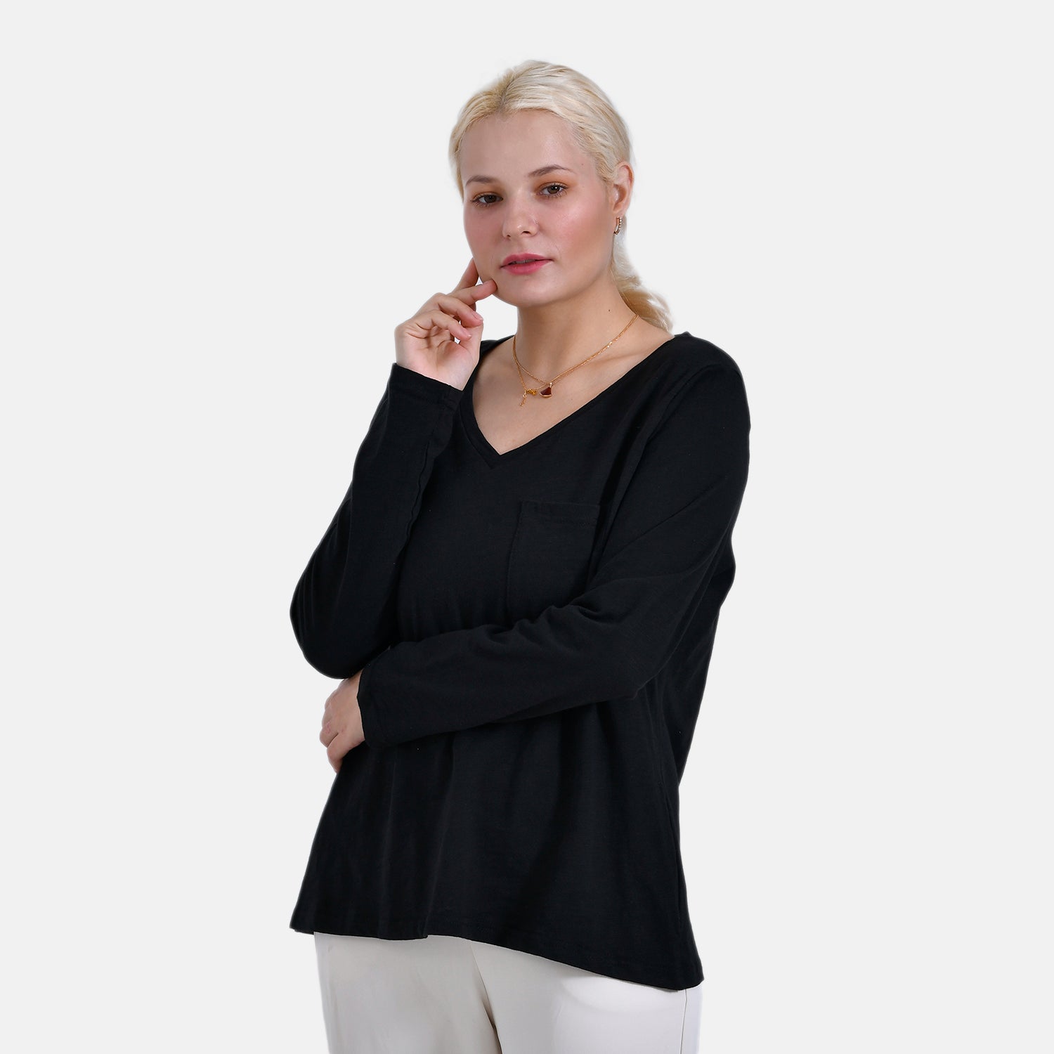 La Marey 100% Cotton V-Neck Long Sleeve Classic Top (Size 24 to 26) - Black_7968721_2