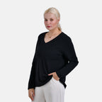La Marey 100% Cotton V-Neck Long Sleeve Classic Top (Size 24 to 26) - Black_7968721_3