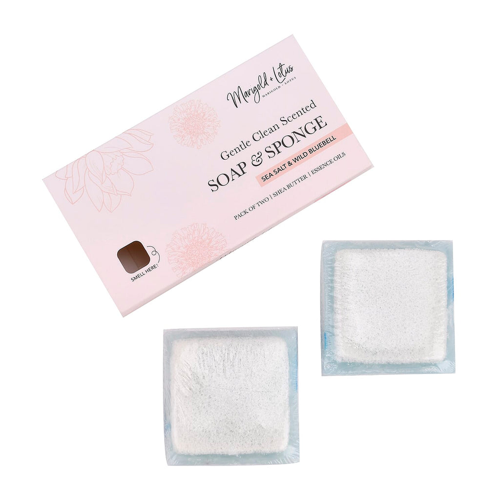 Marigold & Lotus Set of 2 Gentle Clean Scented Soap & Sponge - Sea Salt & Wild Bluebell