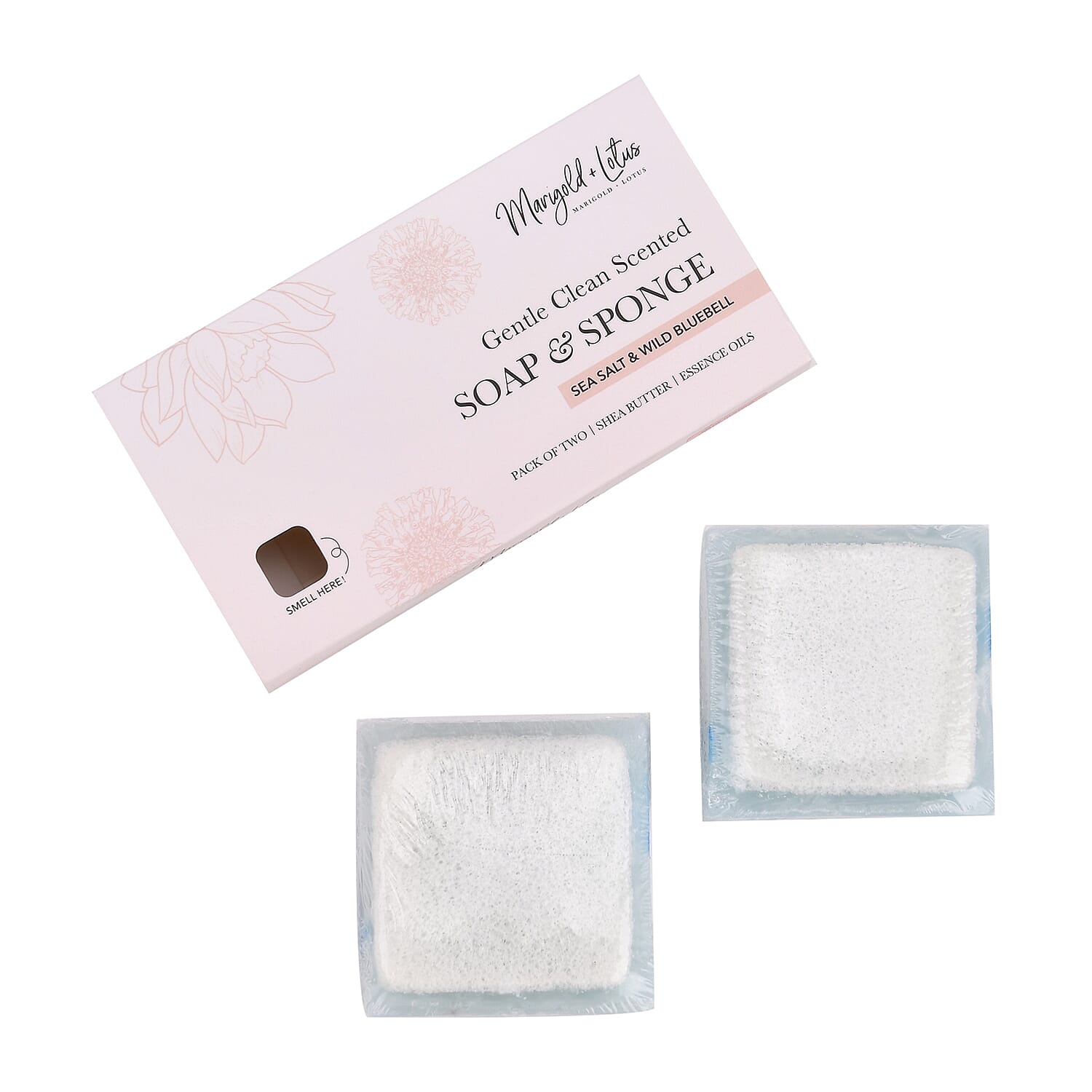 Marigold & Lotus Set of 2 Gentle Clean Scented Soap & Sponge - Sea Salt & Wild Bluebell