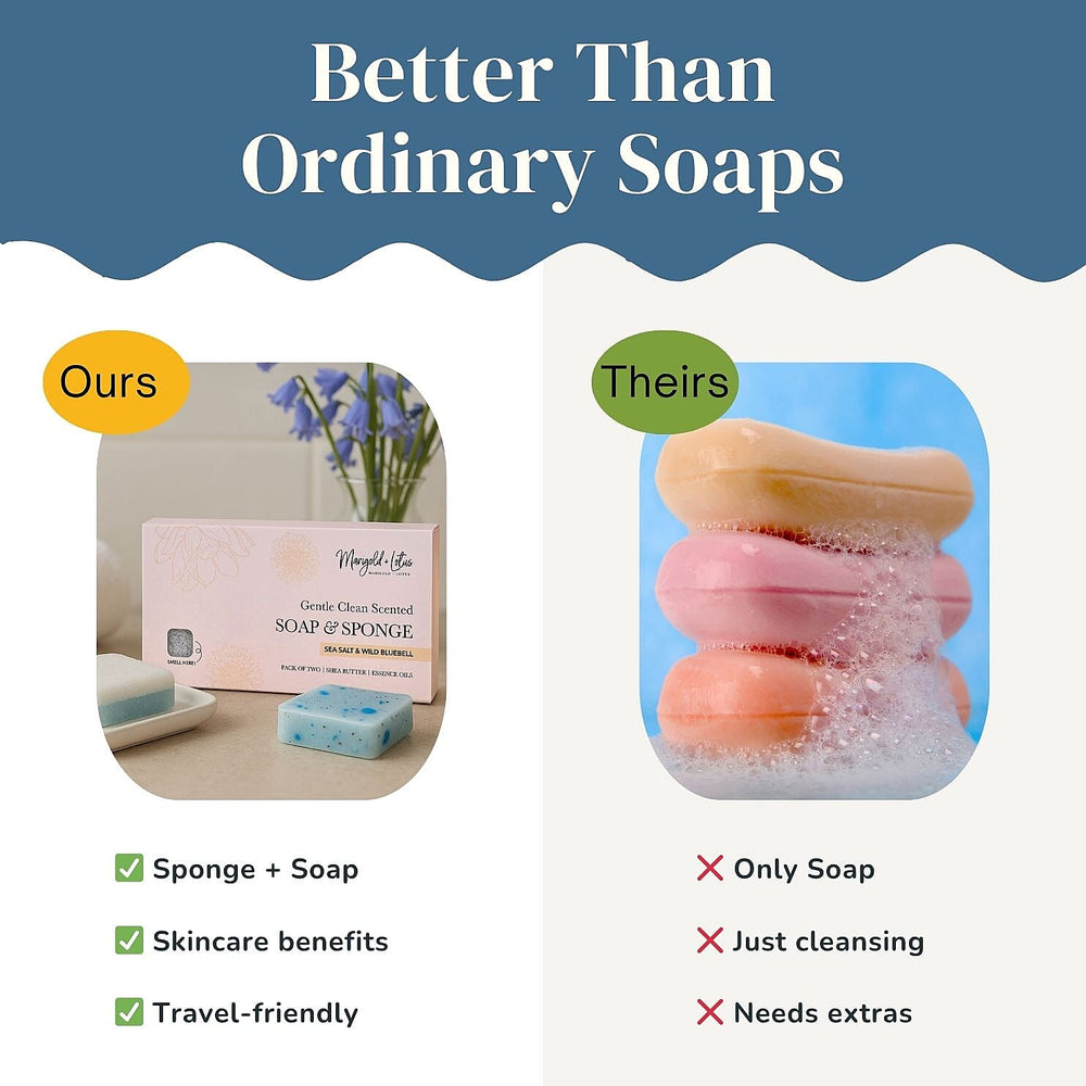 Marigold & Lotus Set of 2 Gentle Clean Scented Soap & Sponge - Sea Salt & Wild Bluebell