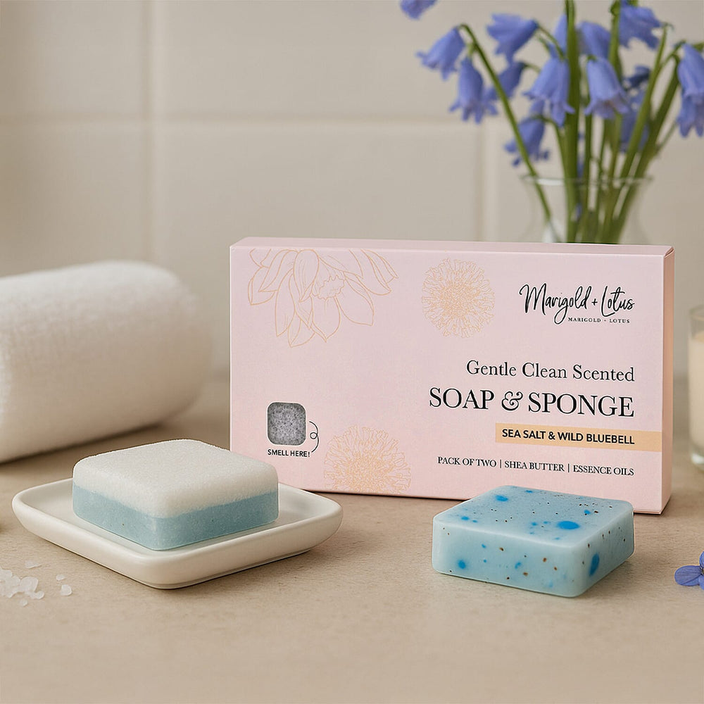Marigold & Lotus Set of 2 Gentle Clean Scented Soap & Sponge - Sea Salt & Wild Bluebell