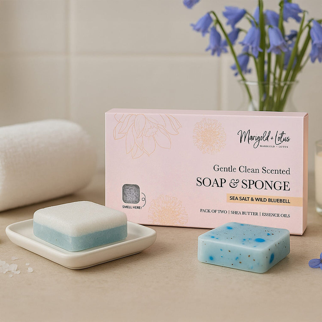 Marigold & Lotus Set of 2 Gentle Clean Scented Soap & Sponge - Sea Salt & Wild Bluebell