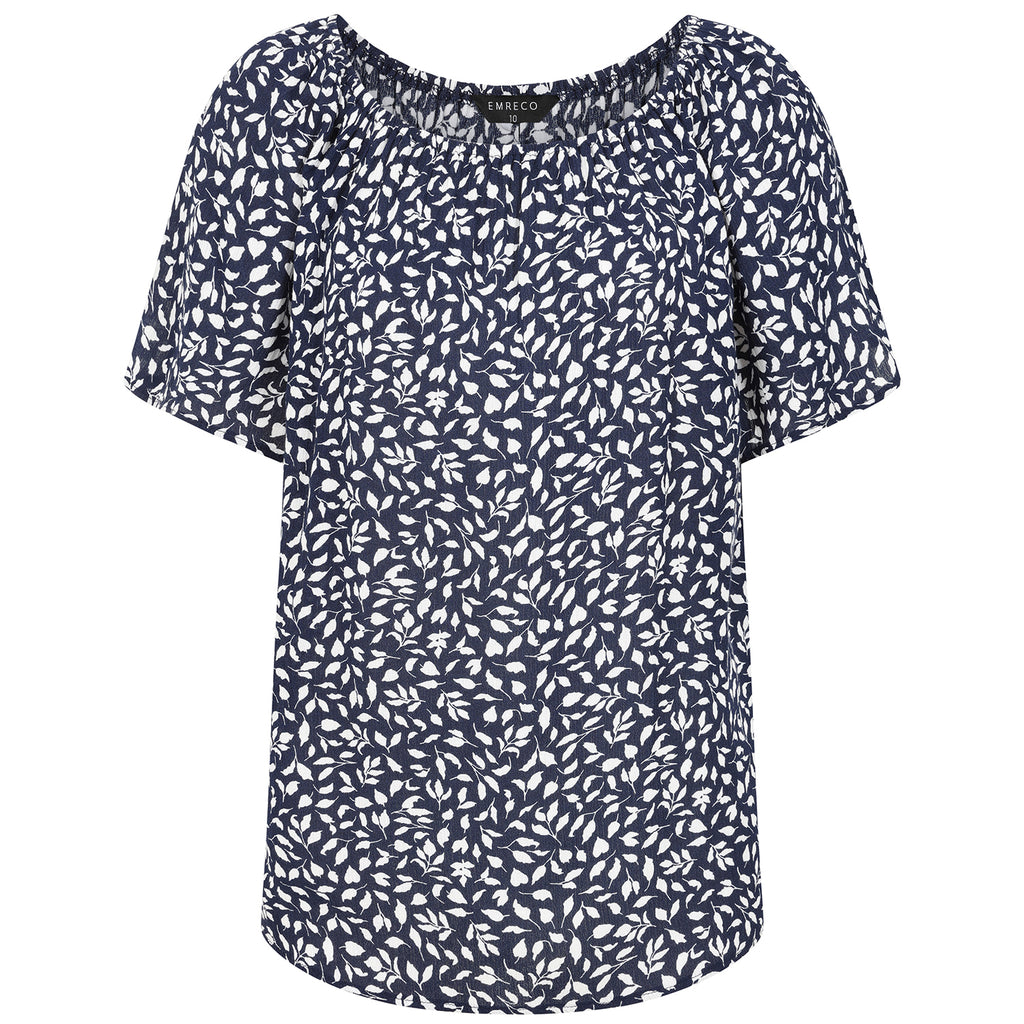 Emreco Casual Leaf Print Top - Short Sleeve & Versatile Off-Shoulder Style (Size 14) - Navy_7972549_1