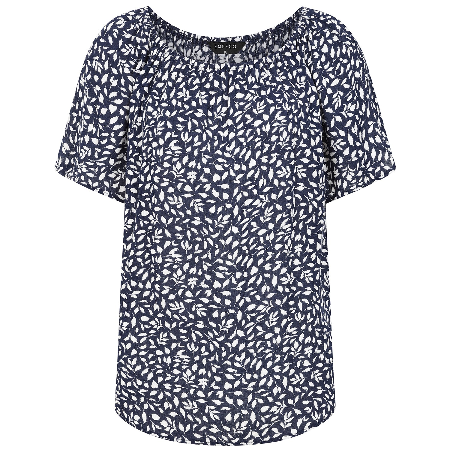 Emreco Casual Leaf Print Top - Short Sleeve & Versatile Off-Shoulder Style (Size 14) - Navy_7972549_1