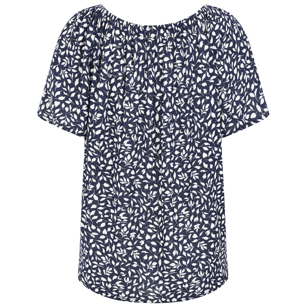 Emreco Casual Leaf Print Top - Short Sleeve & Versatile Off-Shoulder Style (Size 14) - Navy_7972549_2