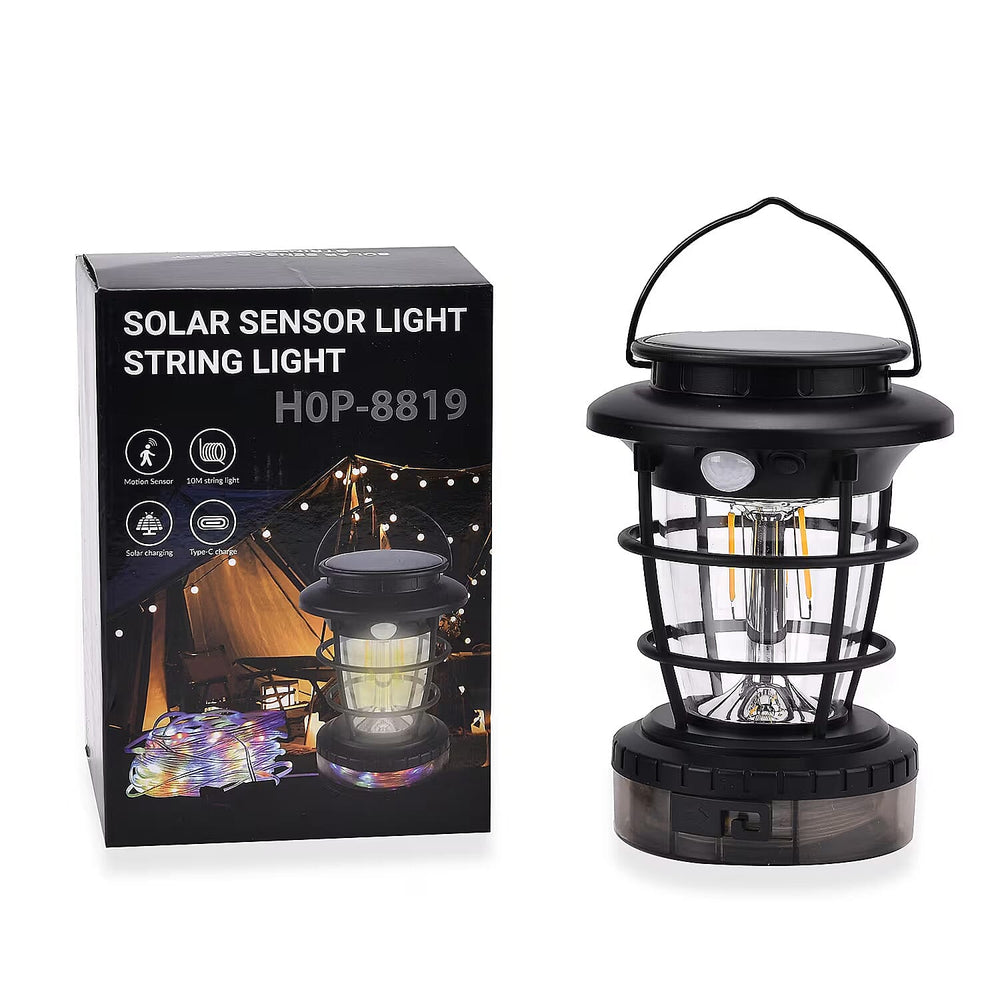 Solar Lantern with Light Modes PLUS Multi Colour String Lights & USB Charging - Black & White - 10 METERS