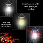 Solar Lantern with Light Modes PLUS Multi Colour String Lights & USB Charging - Black & White - 10 METERS