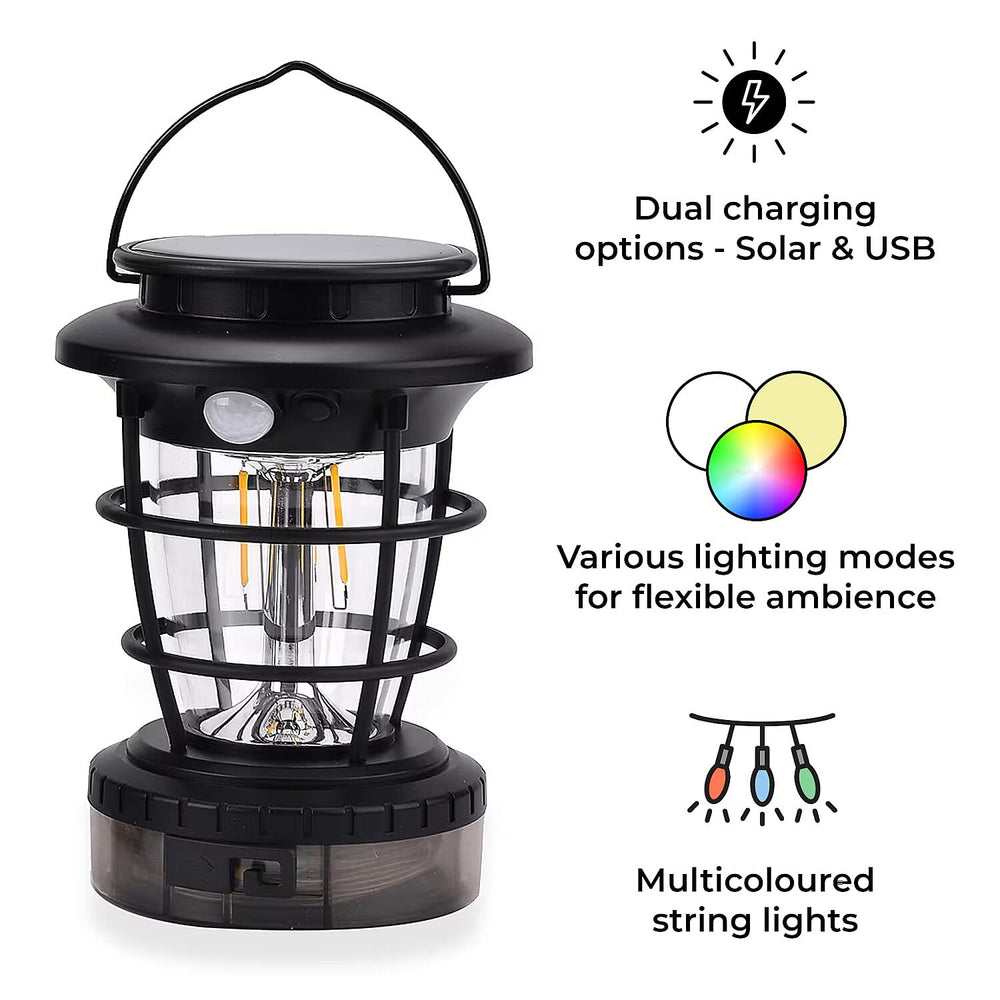Solar Lantern with Light Modes PLUS Multi Colour String Lights & USB Charging - Black & White - 10 METERS