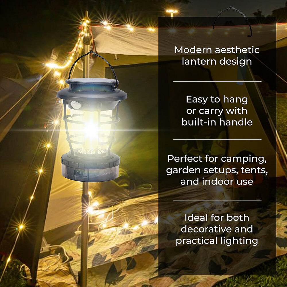 Solar Lantern with Light Modes PLUS Multi Colour String Lights & USB Charging - Black & White - 10 METERS
