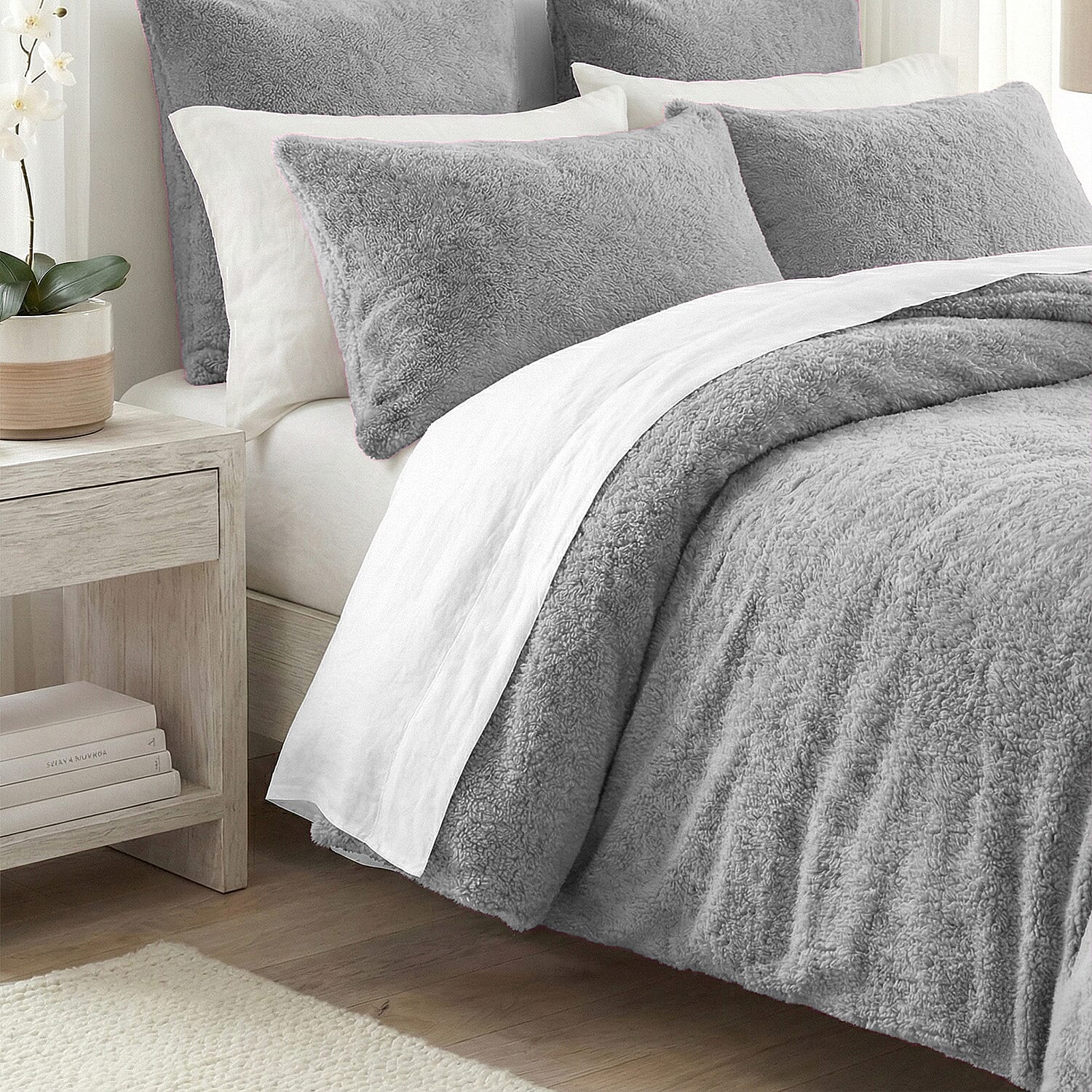 Sleep-Snuggle Luxurious Teddy Fleece Super Soft Warm and Cosy Duvet Cover with Pillow Case (Size Single) - Silver