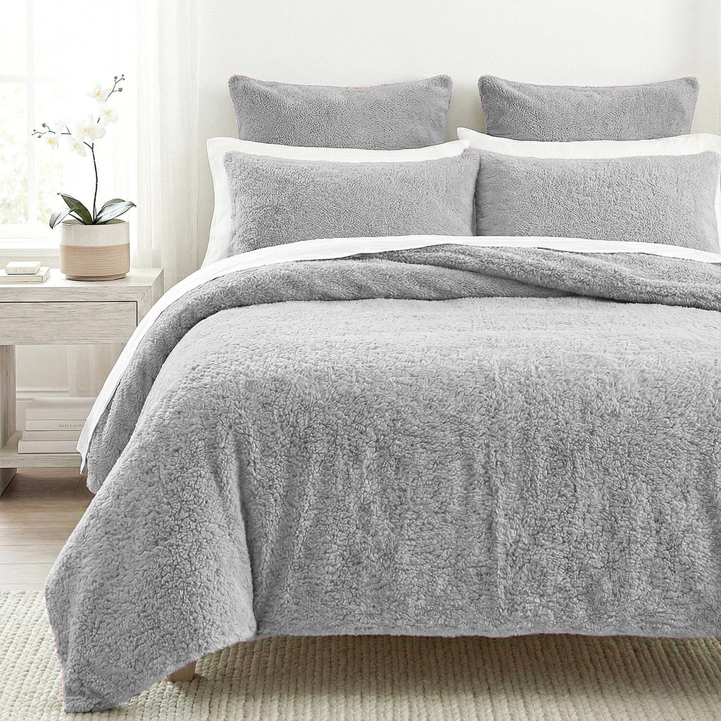 Sleep-Snuggle Luxurious Teddy Fleece Super Soft Warm and Cosy Duvet Cover with Pillow Case (Size Single) - Silver