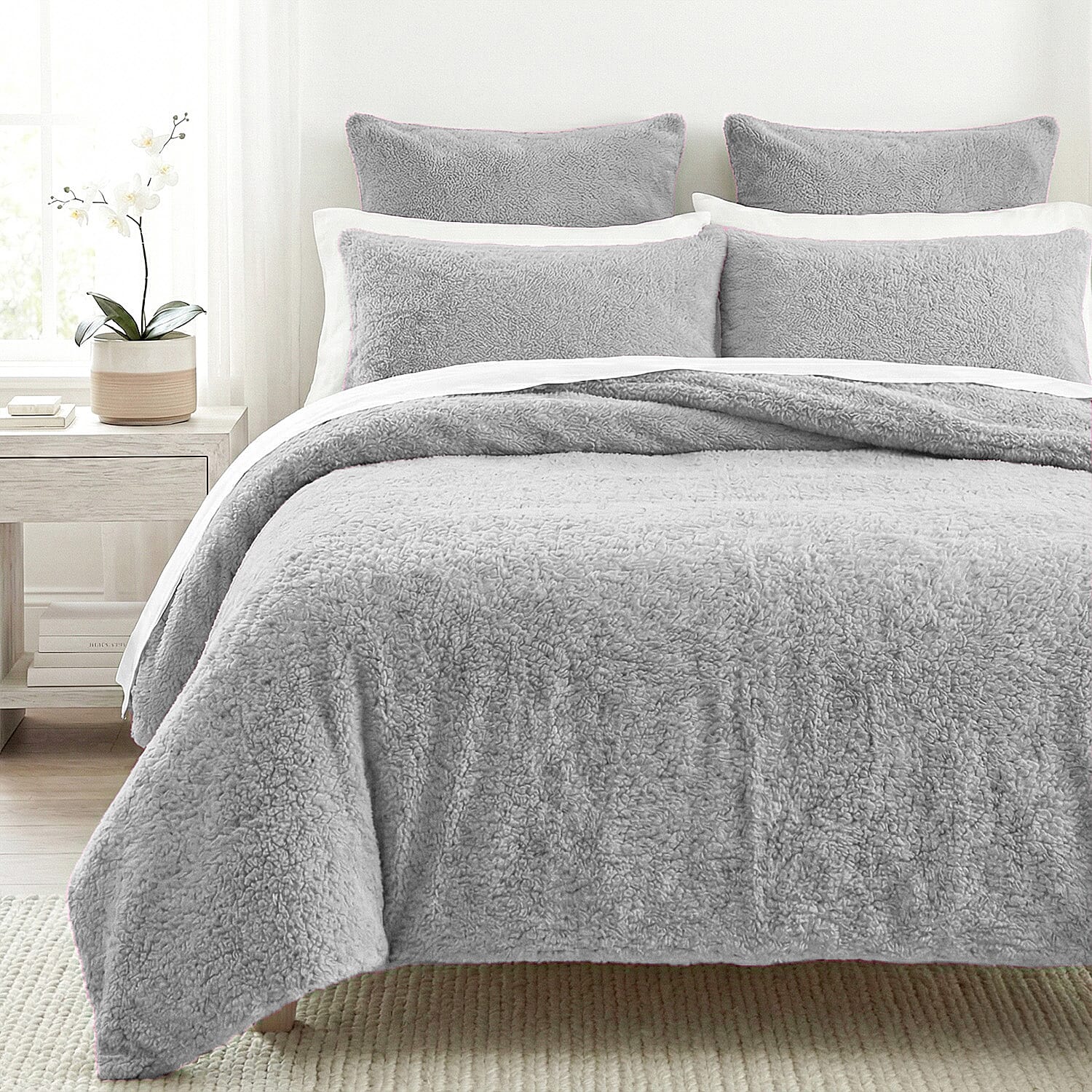 Sleep-Snuggle Luxurious Teddy Fleece Super Soft Warm and Cosy Duvet Cover with Pillow Case (Size Single) - Silver