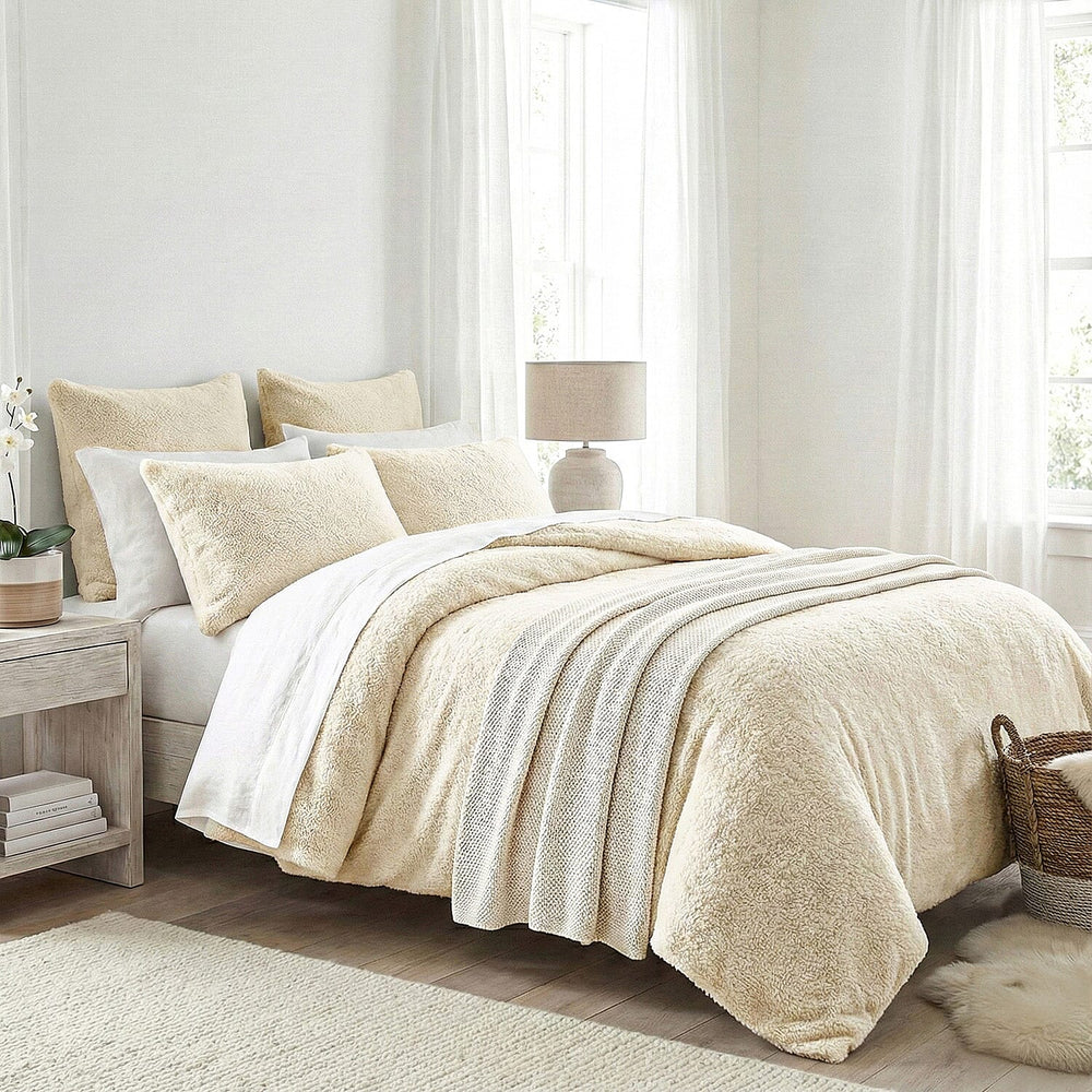 Sleep-Snuggle Luxurious Teddy Fleece Super Soft Warm and Cosy Duvet Cover with Pillow Case (Size Single) - Cream