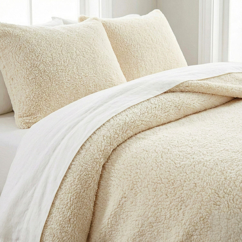 Sleep-Snuggle Luxurious Teddy Fleece Super Soft Warm and Cosy Duvet Cover with Pillow Case (Size Single) - Cream