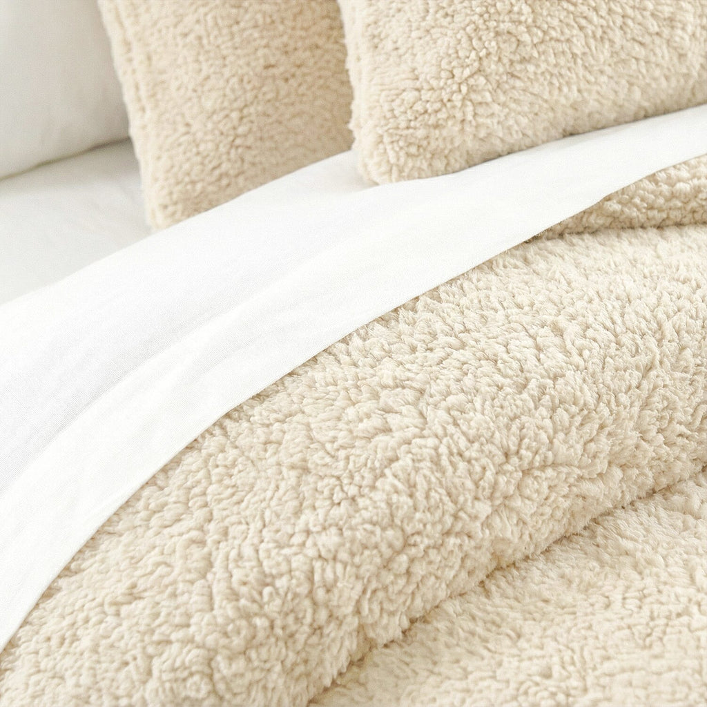 Sleep-Snuggle Luxurious Teddy Fleece Super Soft Warm and Cosy Duvet Cover with Pillow Case (Size Single) - Cream