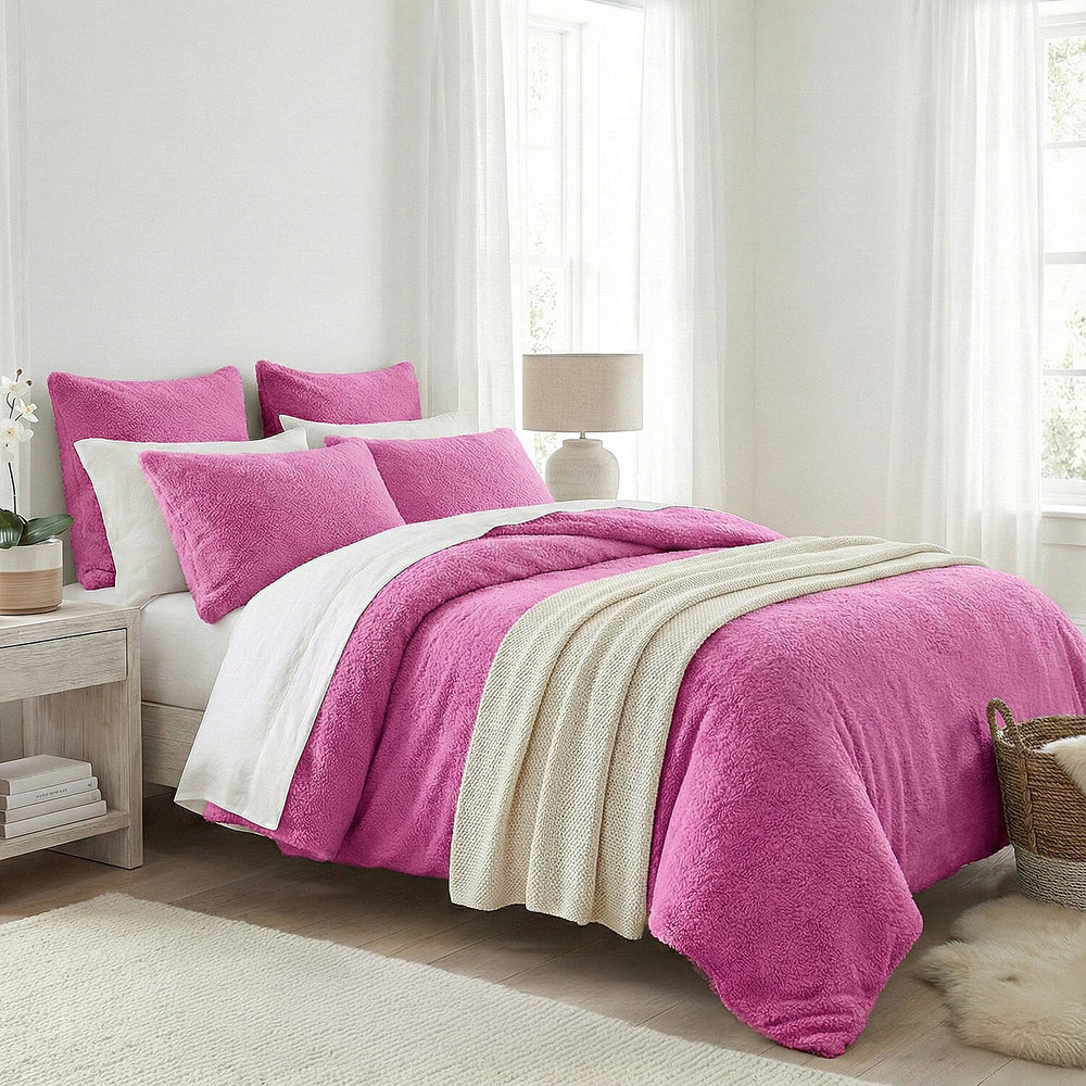 Sleep-Snuggle Luxurious Teddy Fleece Super Soft Warm and Cosy Duvet Cover with Pillow Case (Size Single) - Fuschia