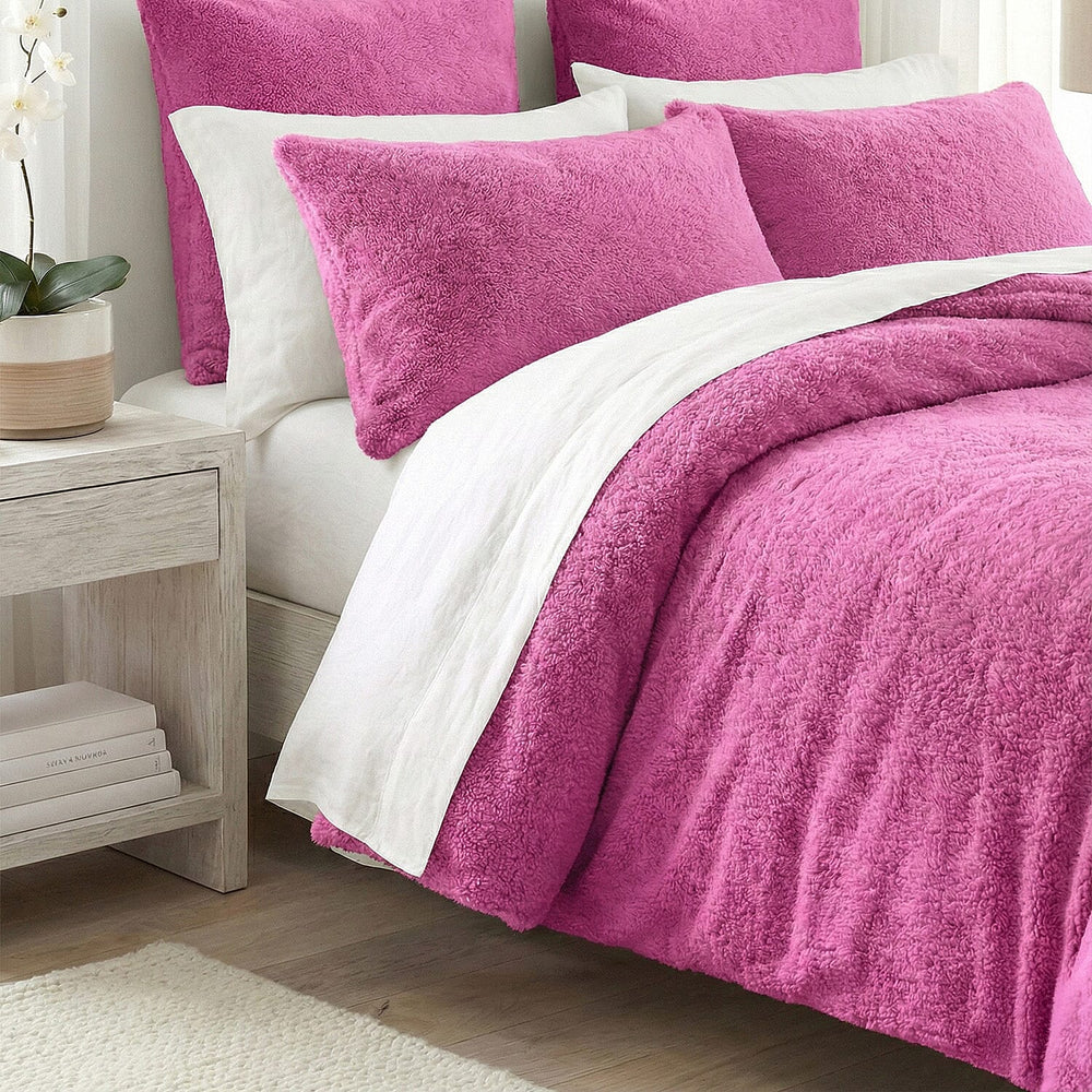 Sleep-Snuggle Luxurious Teddy Fleece Super Soft Warm and Cosy Duvet Cover with Pillow Case (Size Single) - Fuschia