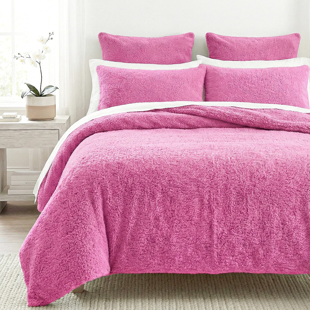 Sleep-Snuggle Luxurious Teddy Fleece Super Soft Warm and Cosy Duvet Cover with Pillow Case (Size Single) - Fuschia