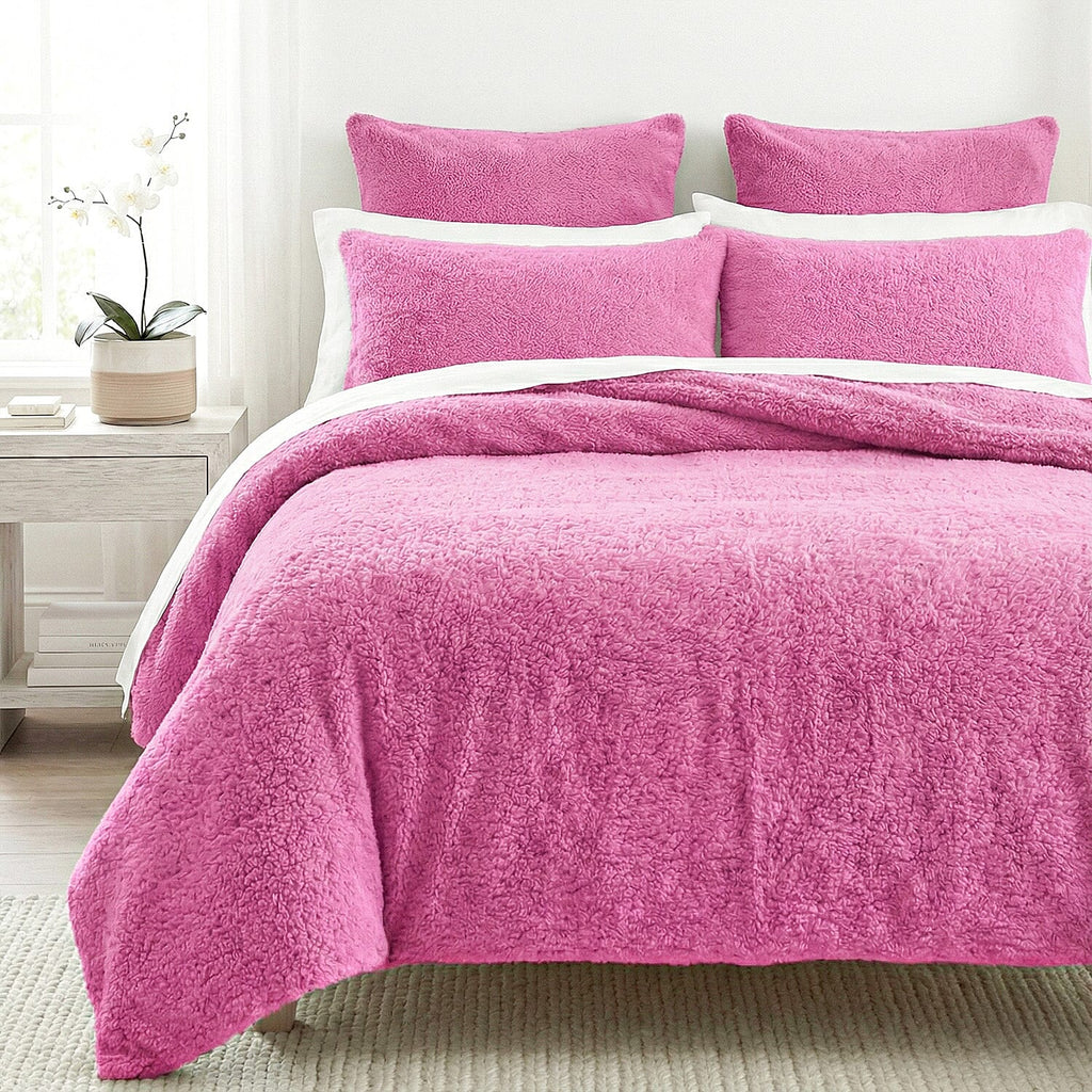 Sleep-Snuggle Luxurious Teddy Fleece Super Soft Warm and Cosy Duvet Cover with Pillow Case (Size Single) - Fuschia