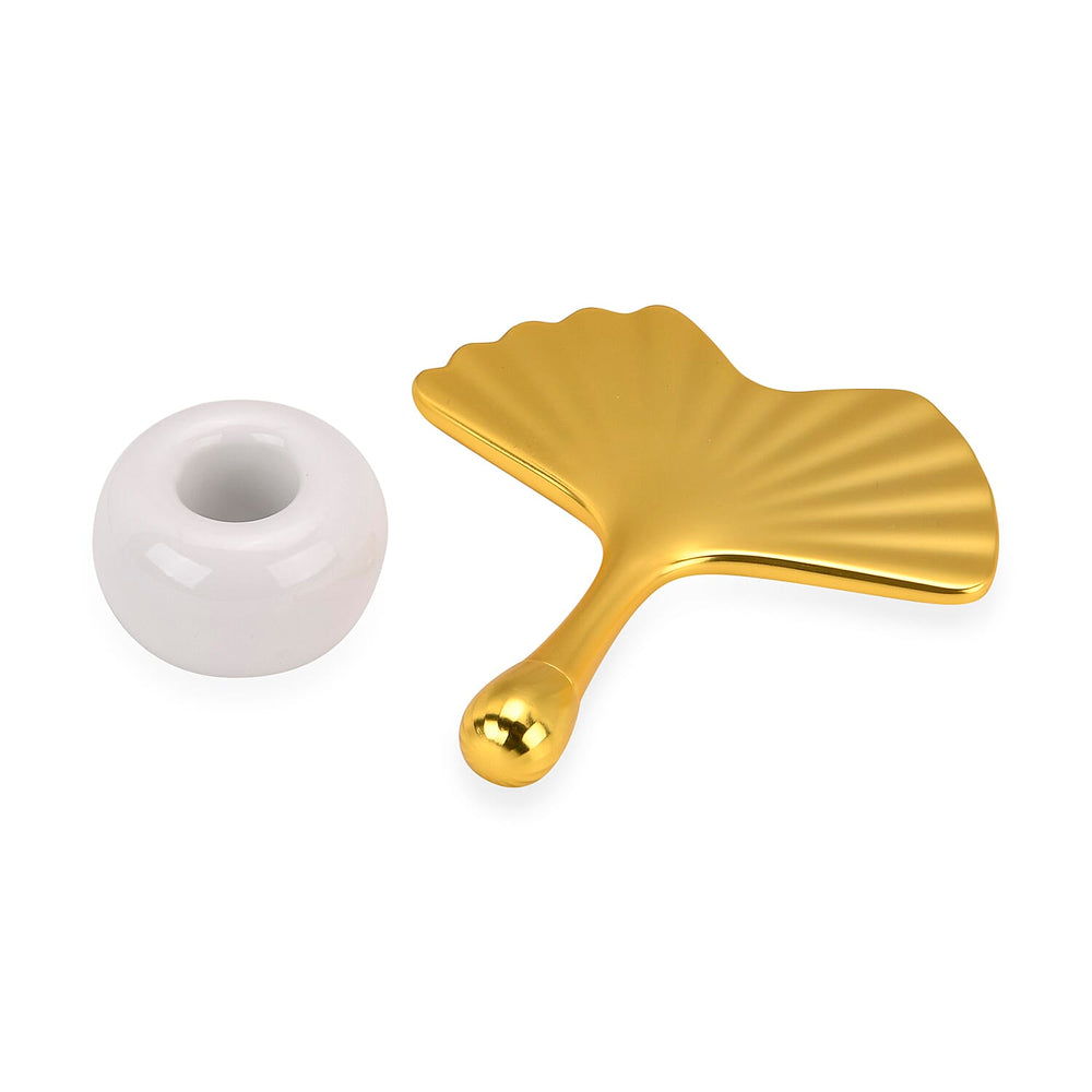Ginkgo Leaf Guasha - Premium Gold Alloy with White Ceramic Holder
