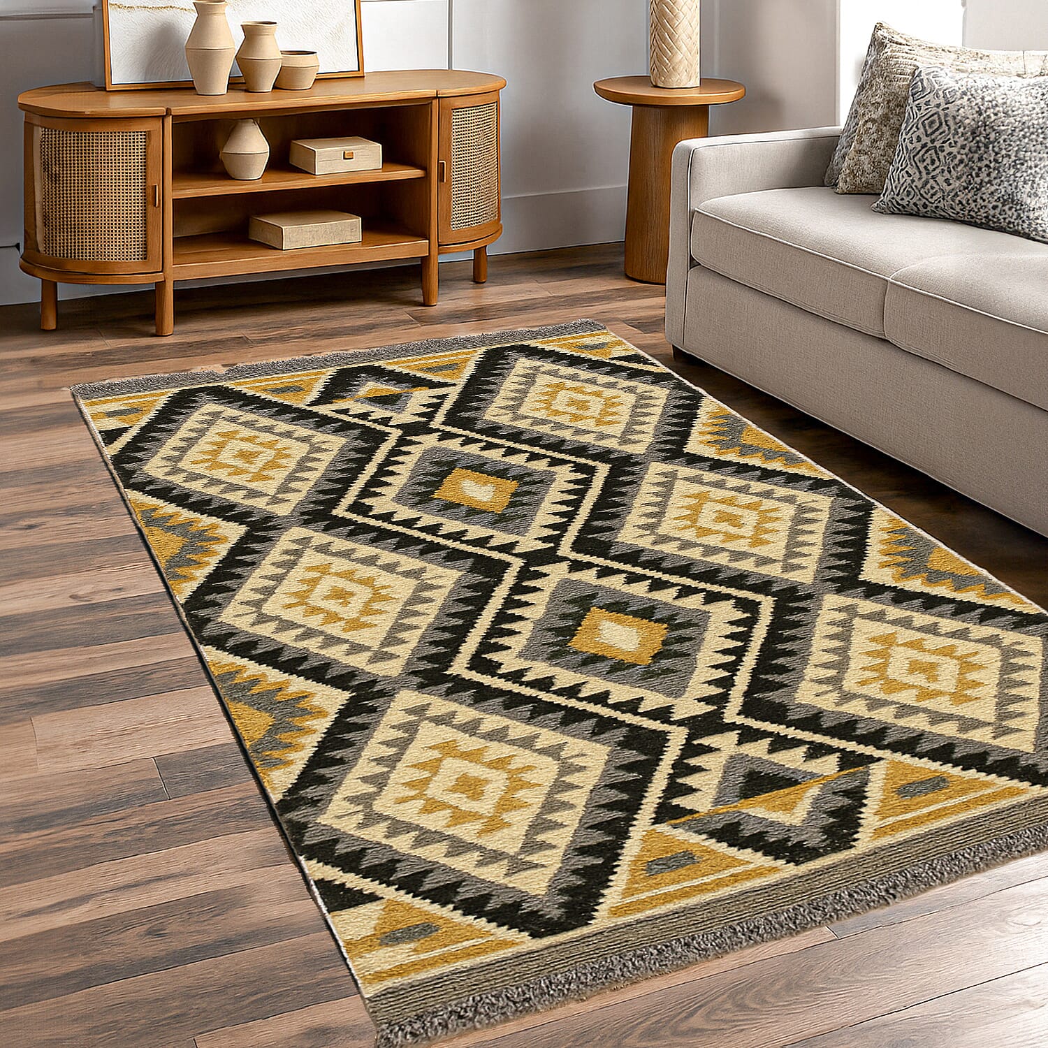 Geometric Pattern Kilim Rugs Ready Stock (Size 125x80cm) - Brown - Beige