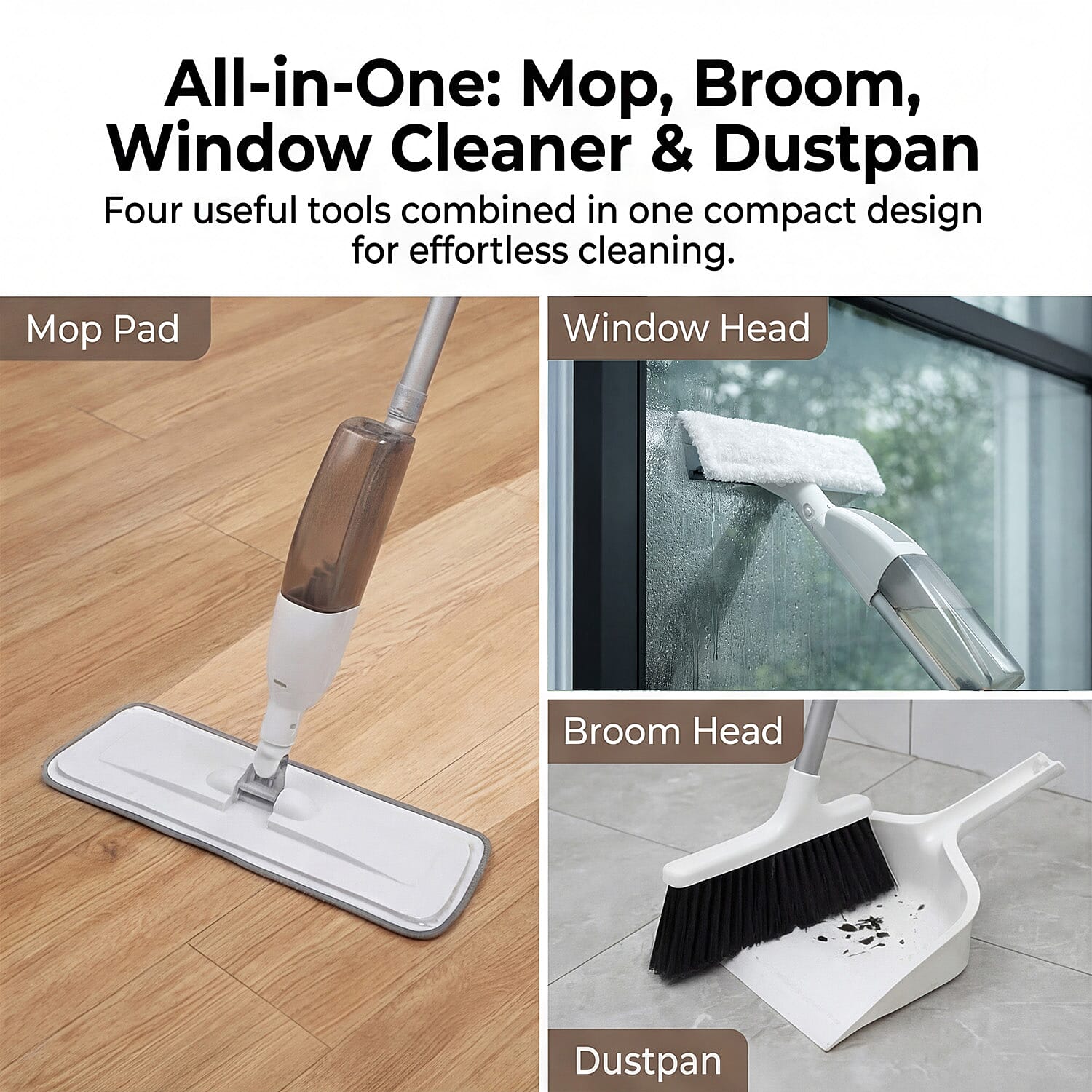 4-in1 Spray Mop - Including- Double Sided Mop Pad, Window Cleaning Head, Broom Head and Dustpan, 400ml Water Tank
