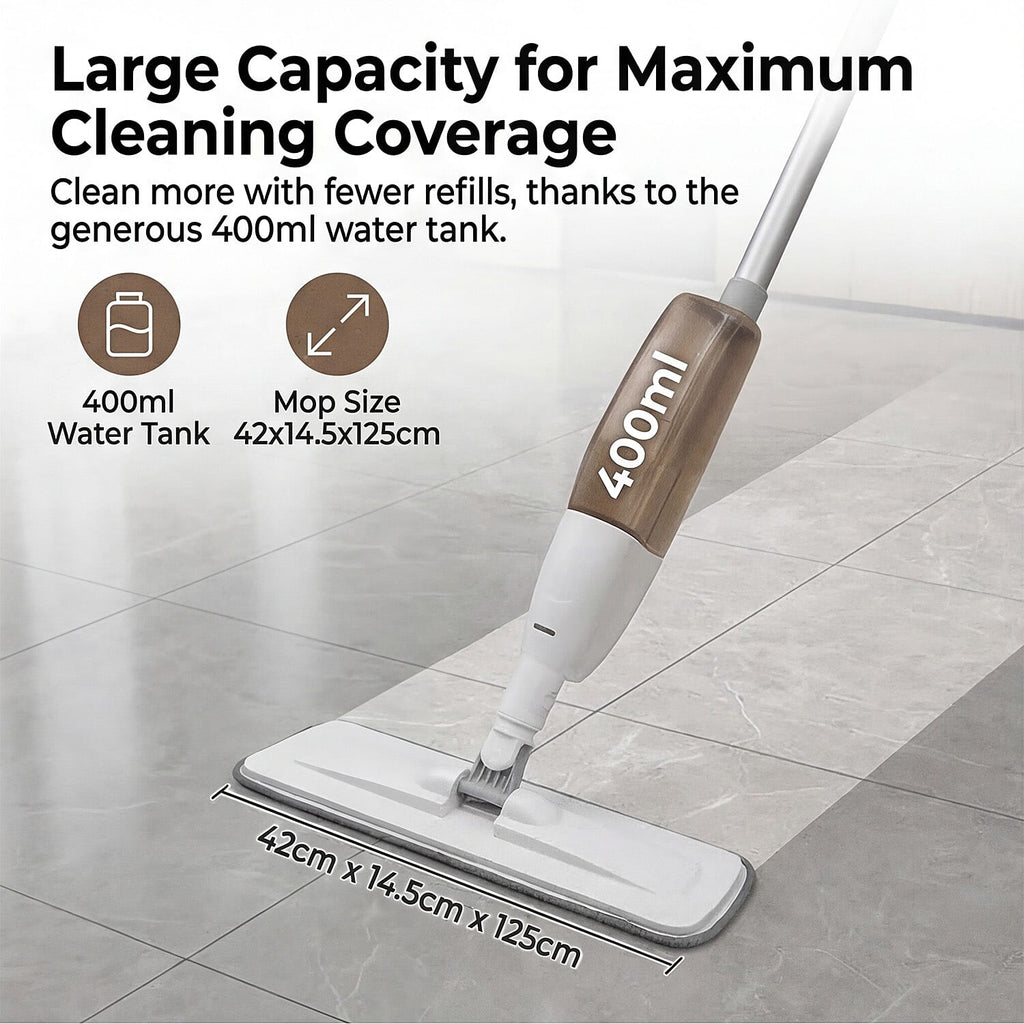 4-in1 Spray Mop - Including- Double Sided Mop Pad, Window Cleaning Head, Broom Head and Dustpan, 400ml Water Tank