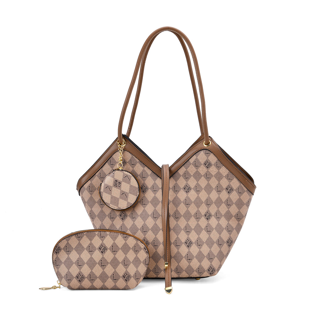 PU Check Tote Bag (Size 38x51x13 cm) - Khaki & Khaki_8025650
