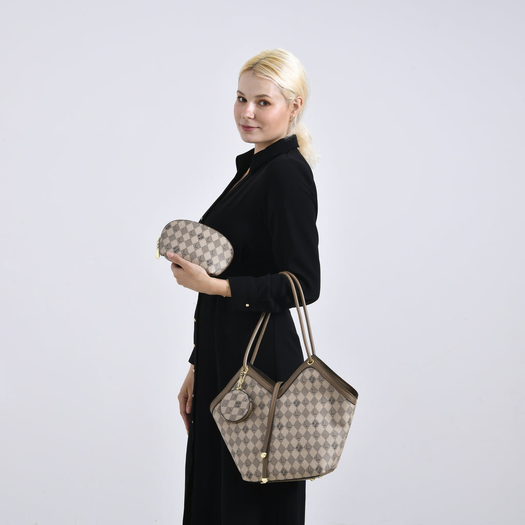 PU Check Tote Bag (Size 38x51x13 cm) - Khaki & Khaki_8025650_1
