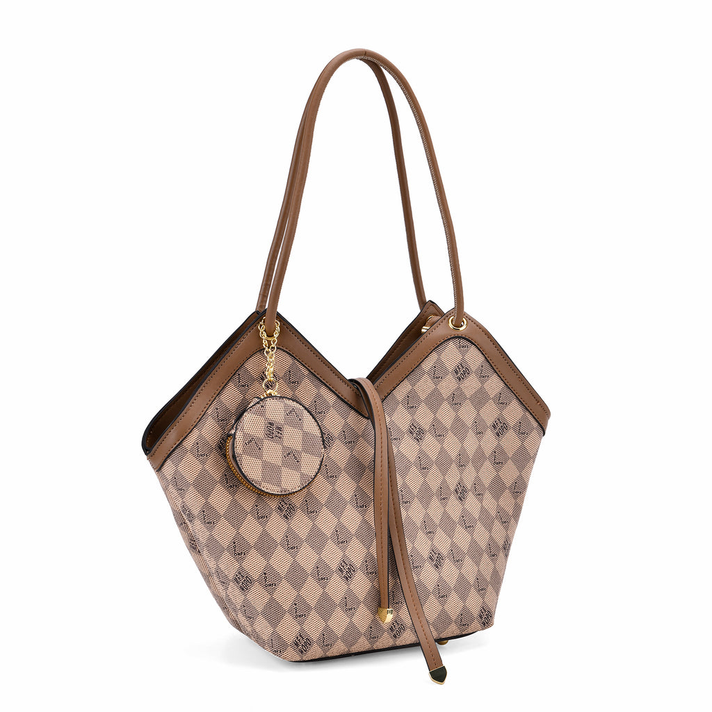 PU Check Tote Bag (Size 38x51x13 cm) - Khaki & Khaki_8025650_5