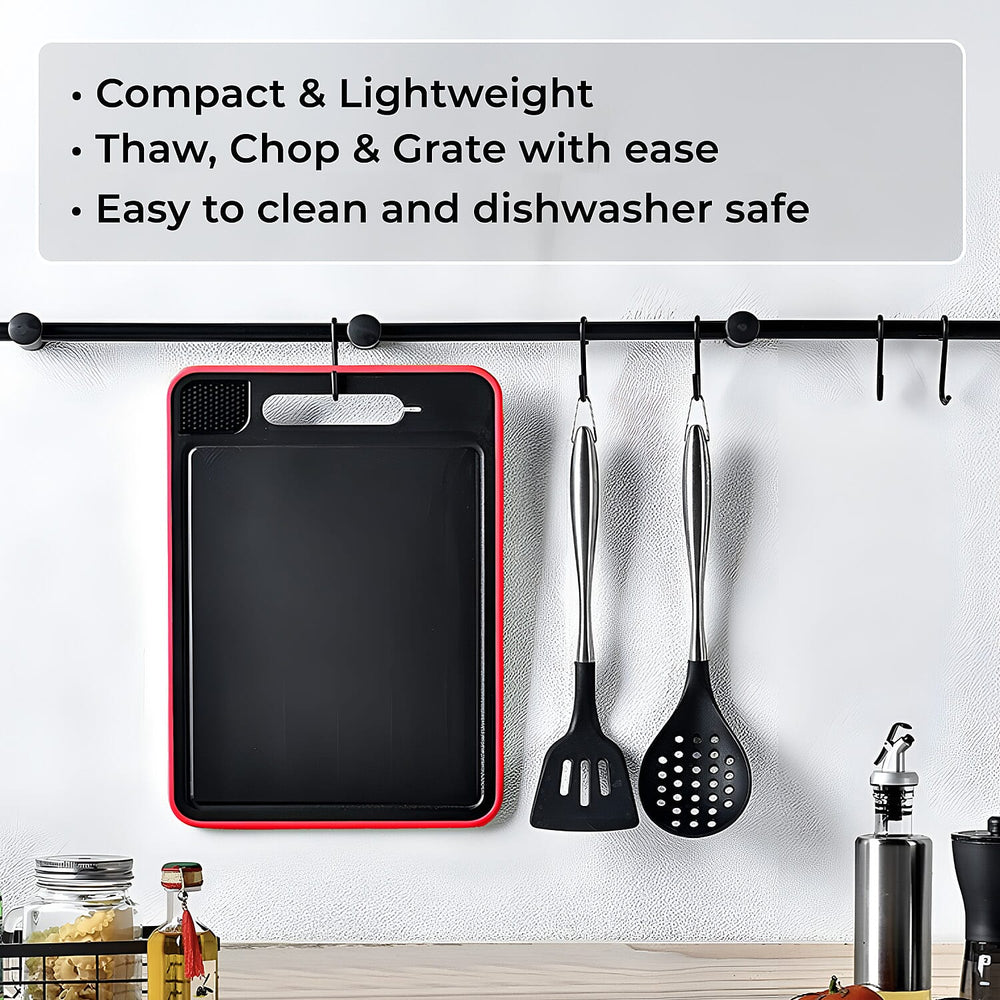 4-in-1 Multi-Purpose Defrosting Cutting Board - Defrosts upto 8 Times Faster, Knife Sharpener & Garlic Grater - Black & Red