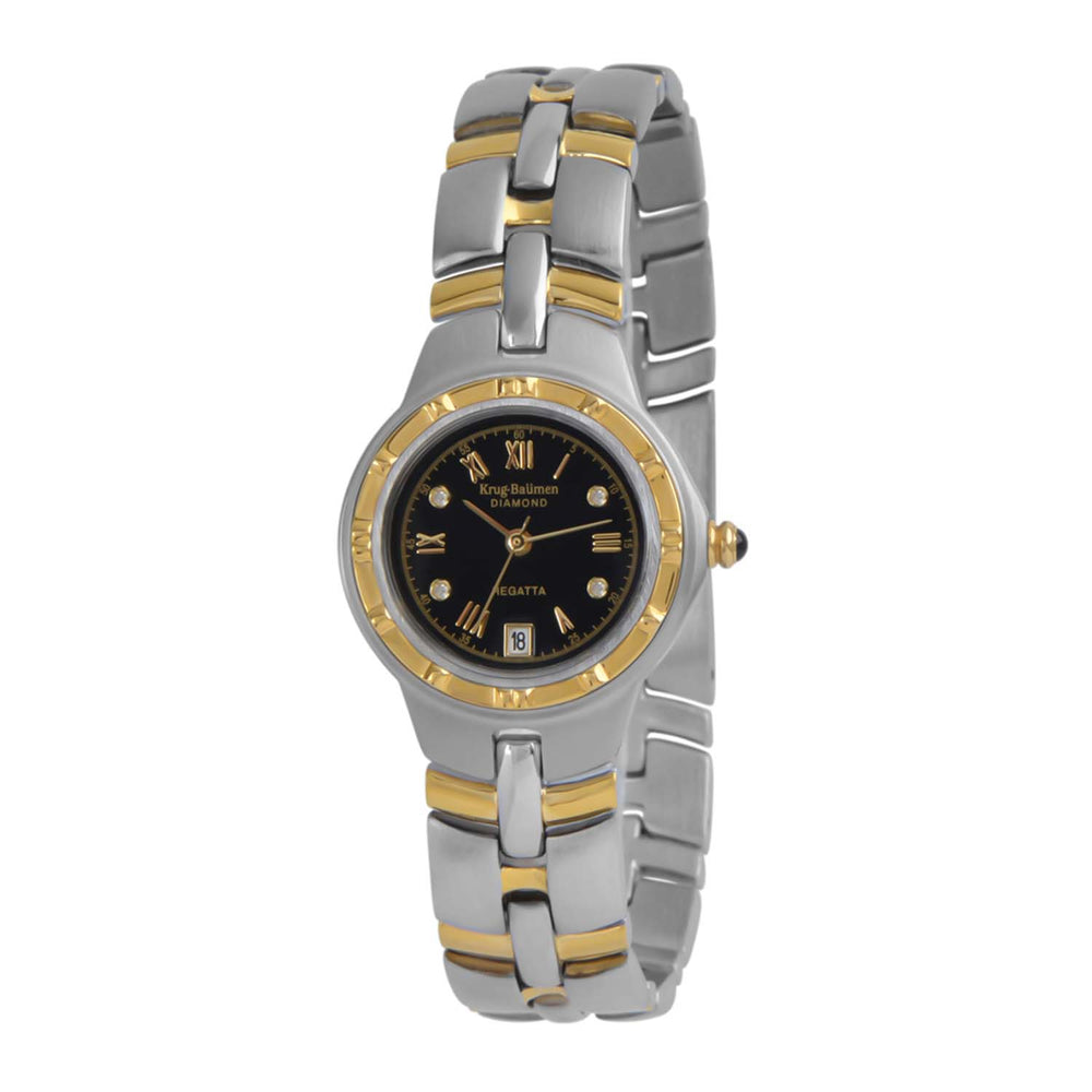 Krug Baumen Regatta 8ATM WR 9 Diamond Black Dial Ladies Watch with Silver - Rose Gold Colour Strap