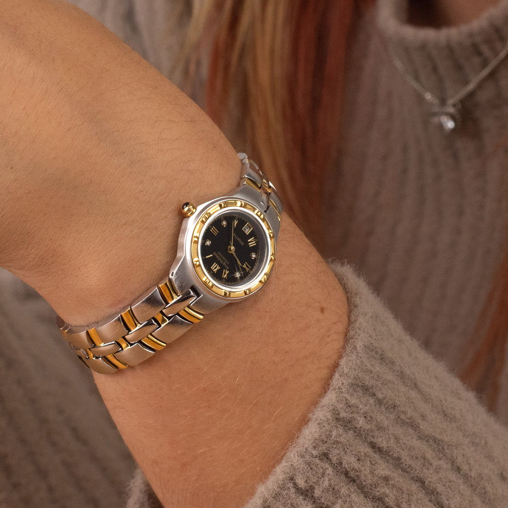 Krug Baumen Regatta 8ATM WR 9 Diamond Black Dial Ladies Watch with Silver - Rose Gold Colour Strap