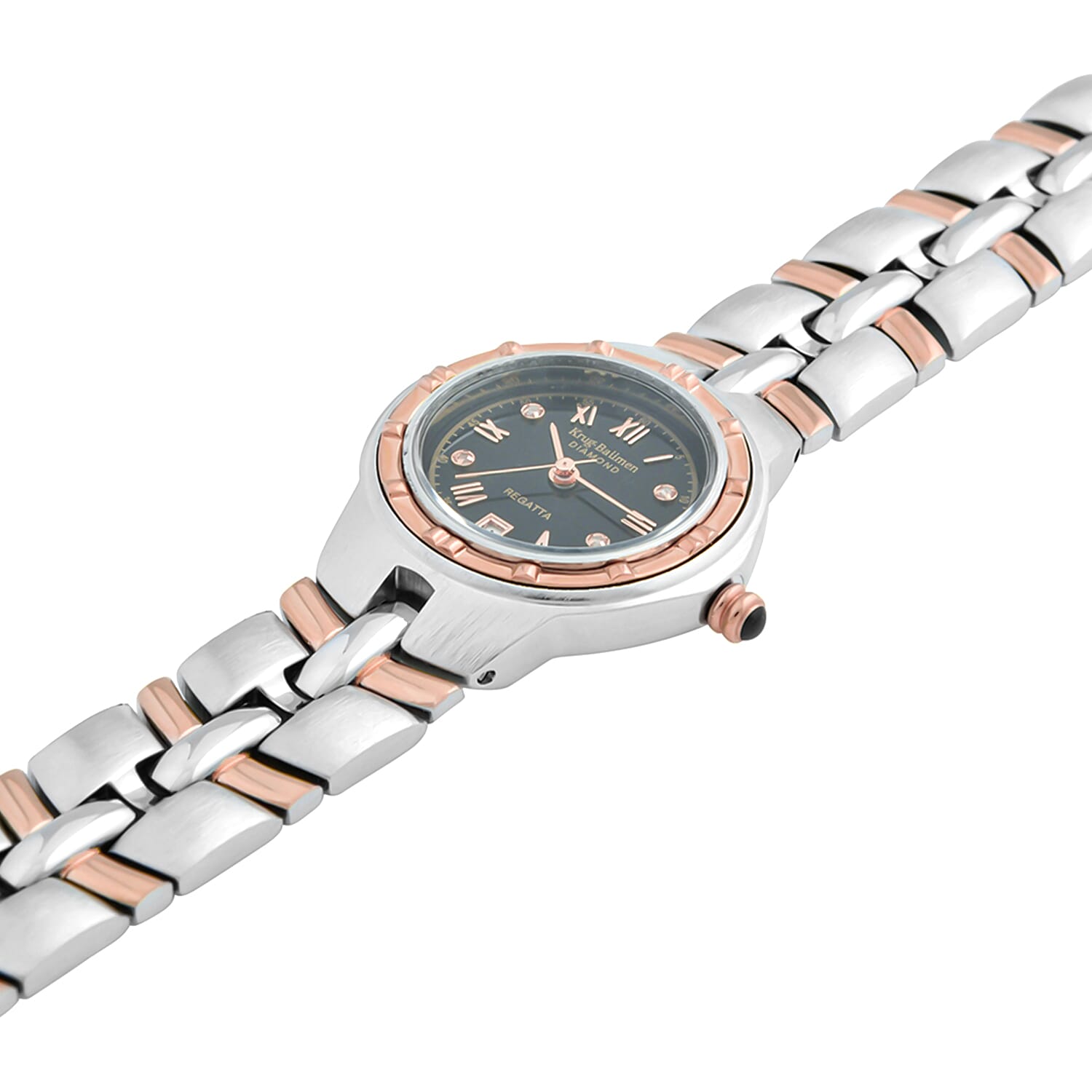 Krug Baumen Regatta 8ATM WR 9 Diamond Black Dial Ladies Watch with Silver - Rose Gold Colour Strap