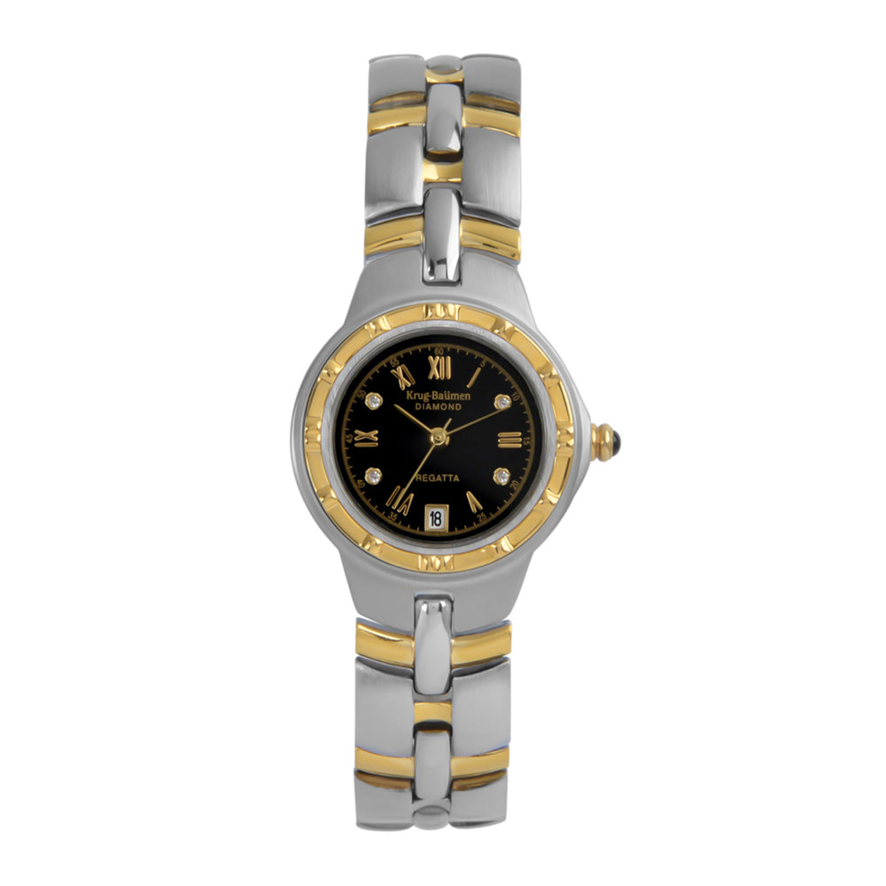 Krug Baumen Regatta 8ATM WR 9 Diamond Black Dial Ladies Watch with Silver - Rose Gold Colour Strap