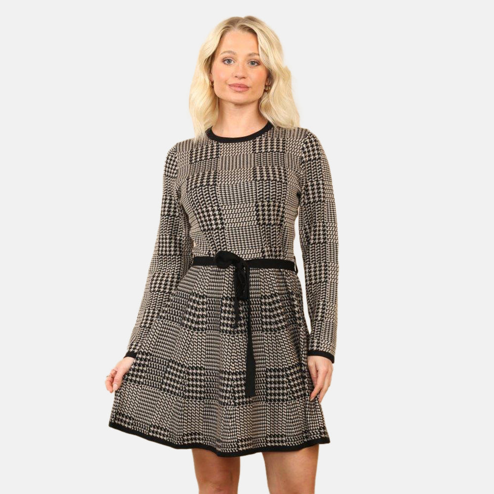 Anamor Vintage Checkered Knitted Midi Dress (Size - M/L) - Beige_8033486