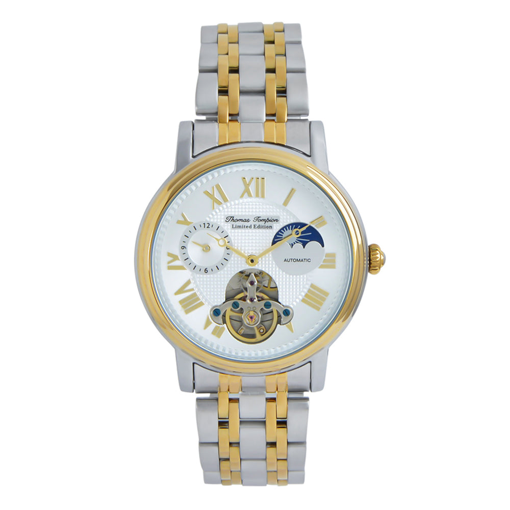 Thomas Tompion Automatic Movt. 3ATM WR Silver Dial with Gold Colour Top Ring Mens Watch with Two Tone Stainless Steel Strap_8047952