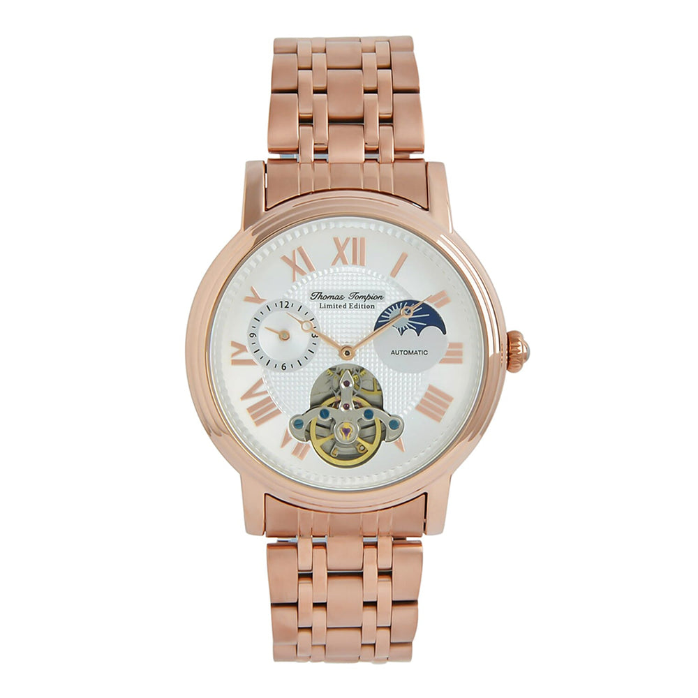 Thomas Tompion Automatic Movt. 3ATM WR Silver Dial with Rose Gold Top Ring Mens Watch with Rose Colour Stainless Steel Strap