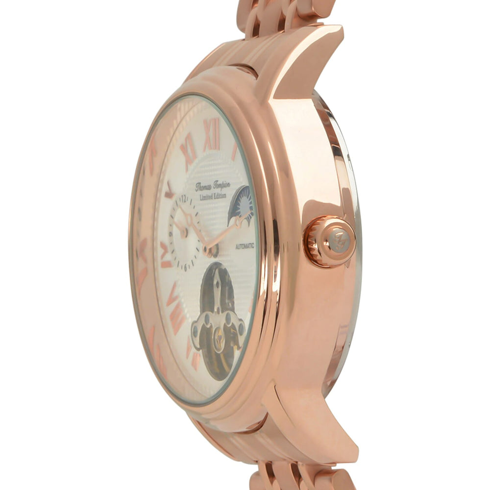 Thomas Tompion Automatic Movt. 3ATM WR Silver Dial with Rose Gold Top Ring Mens Watch with Rose Colour Stainless Steel Strap