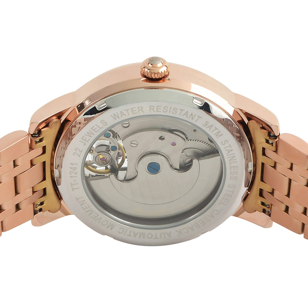 Thomas Tompion Automatic Movt. 3ATM WR Silver Dial with Rose Gold Top Ring Mens Watch with Rose Colour Stainless Steel Strap