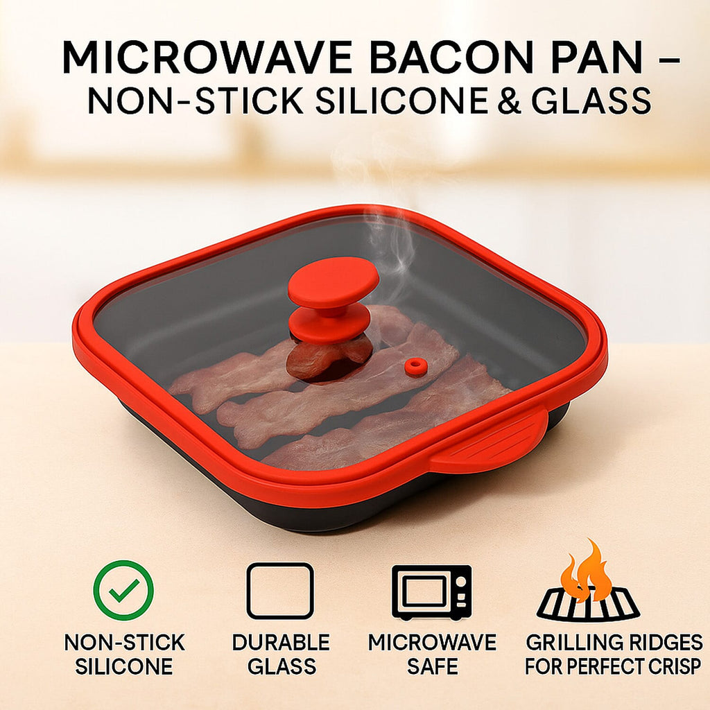 Microwave Pan - Non-Stick Silicone & Glass Cookware with Grilling Ridges - Red