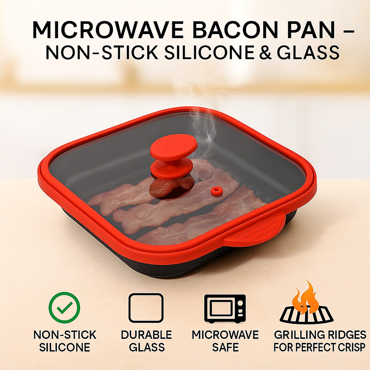 Microwave Pan - Non-Stick Silicone & Glass Cookware with Grilling Ridges - Red