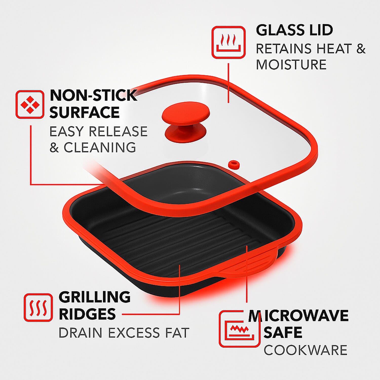 Microwave Pan - Non-Stick Silicone & Glass Cookware with Grilling Ridges - Red