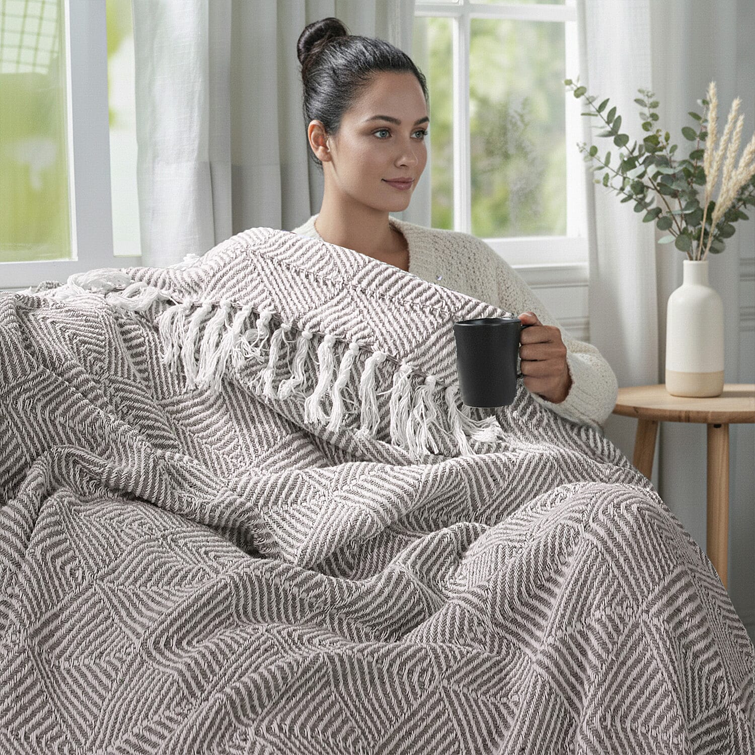 Green Living Collective Cotton Throw Blanket (Size 200x170 cm) - Beige