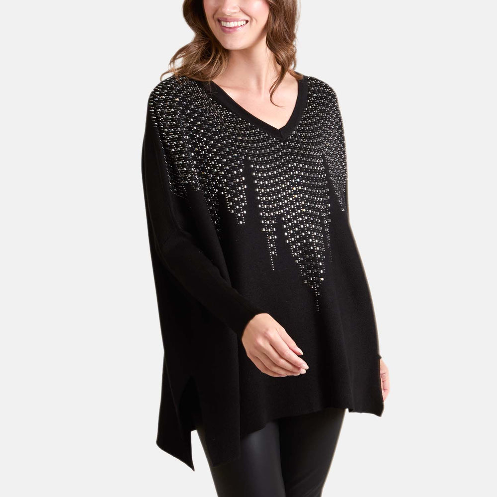 Chilli Charm Diamante V-Neck Relaxed Jumper (One Size) - Black_8064491